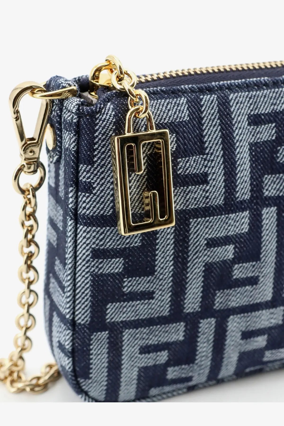 Navy blue and gray Fendi logo-print denim wallet with gold-tone chain strap and padlock charm clutch bag
