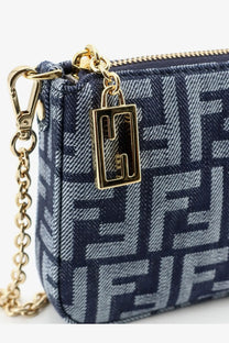 Navy blue and gray Fendi logo-print denim wallet with gold-tone chain strap and padlock charm clutch bag
