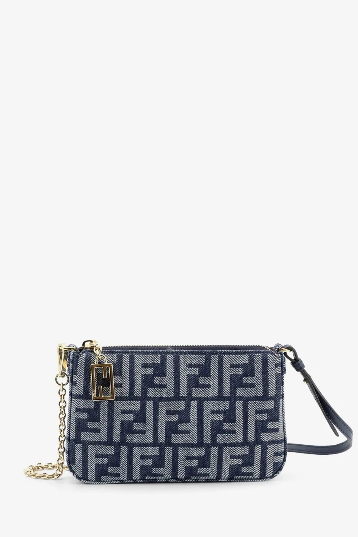 Fendi women’s baguette crossbody bag in navy blue and gray zucca jacquard fabric with gold-tone hardware