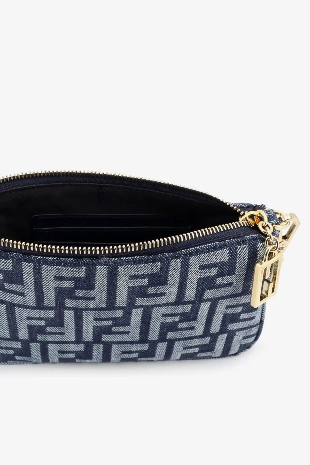 Fendi women’s baguette clutch bag in navy blue silver ff monogram jacquard fabric with gold-tone zippered hardware