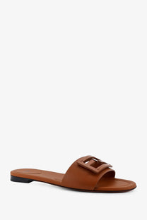 Fendi women’s beige leather slide sandal with rectangular buckle detail and brown leather strap