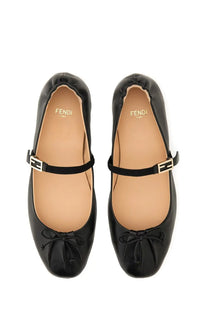 Fendi women’s ballerina black ballet flats with glossy leather finish ff buckle strap and bow at the toe