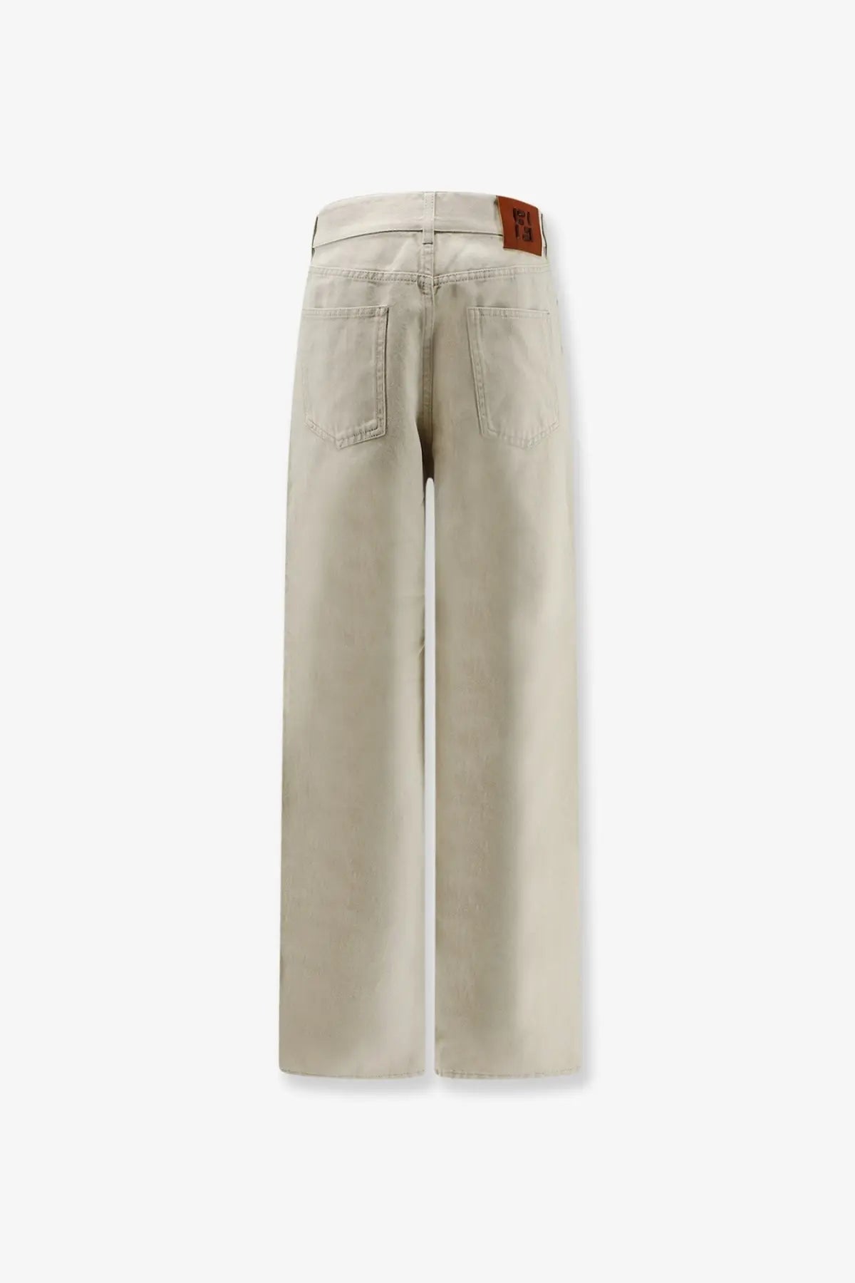 Fendi women’s beige wide-leg denim trousers with brown leather brand patch at waistband back view