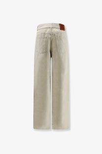 Fendi women’s beige wide-leg denim trousers with brown leather brand patch at waistband back view