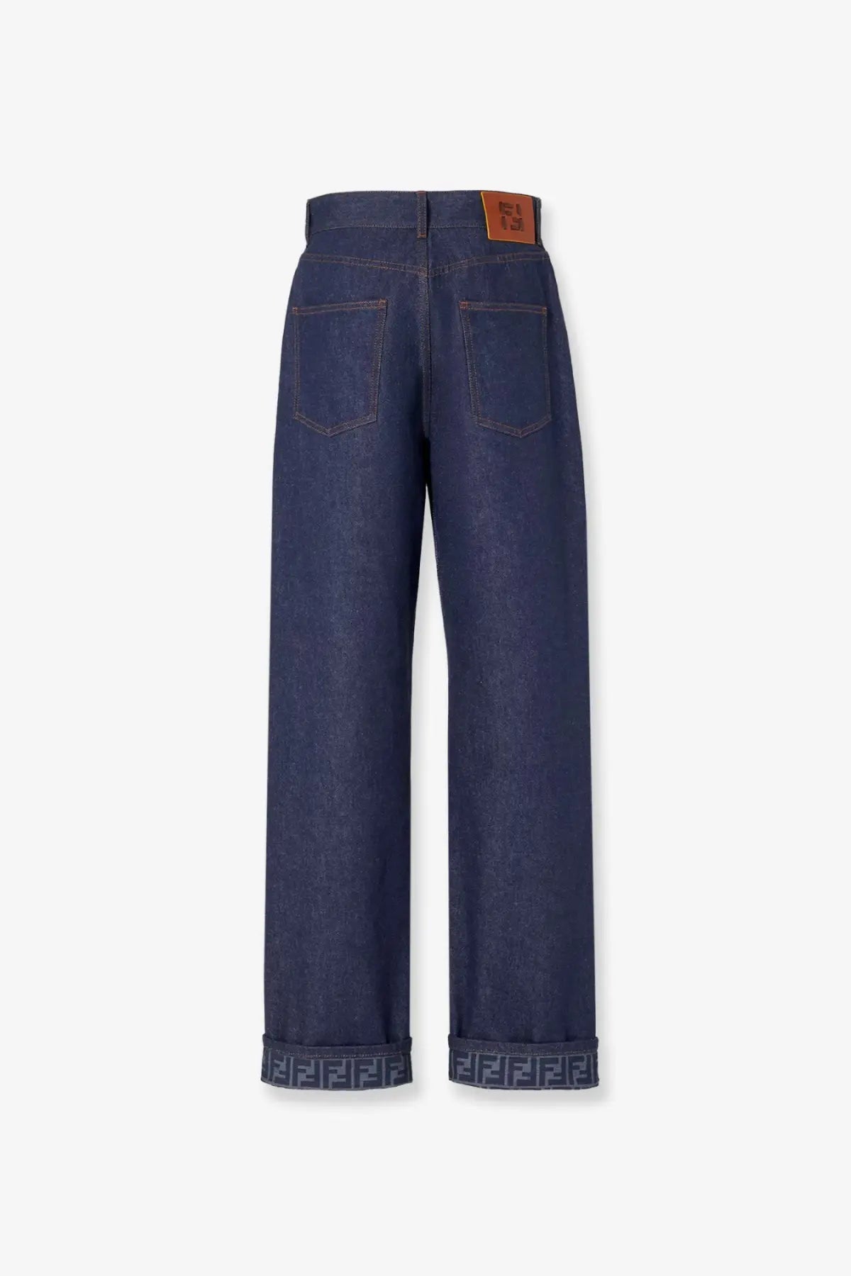 Fendi women’s blue denim jeans in dark blue with wide-leg cut and fendi logo pattern on rolled cuffs