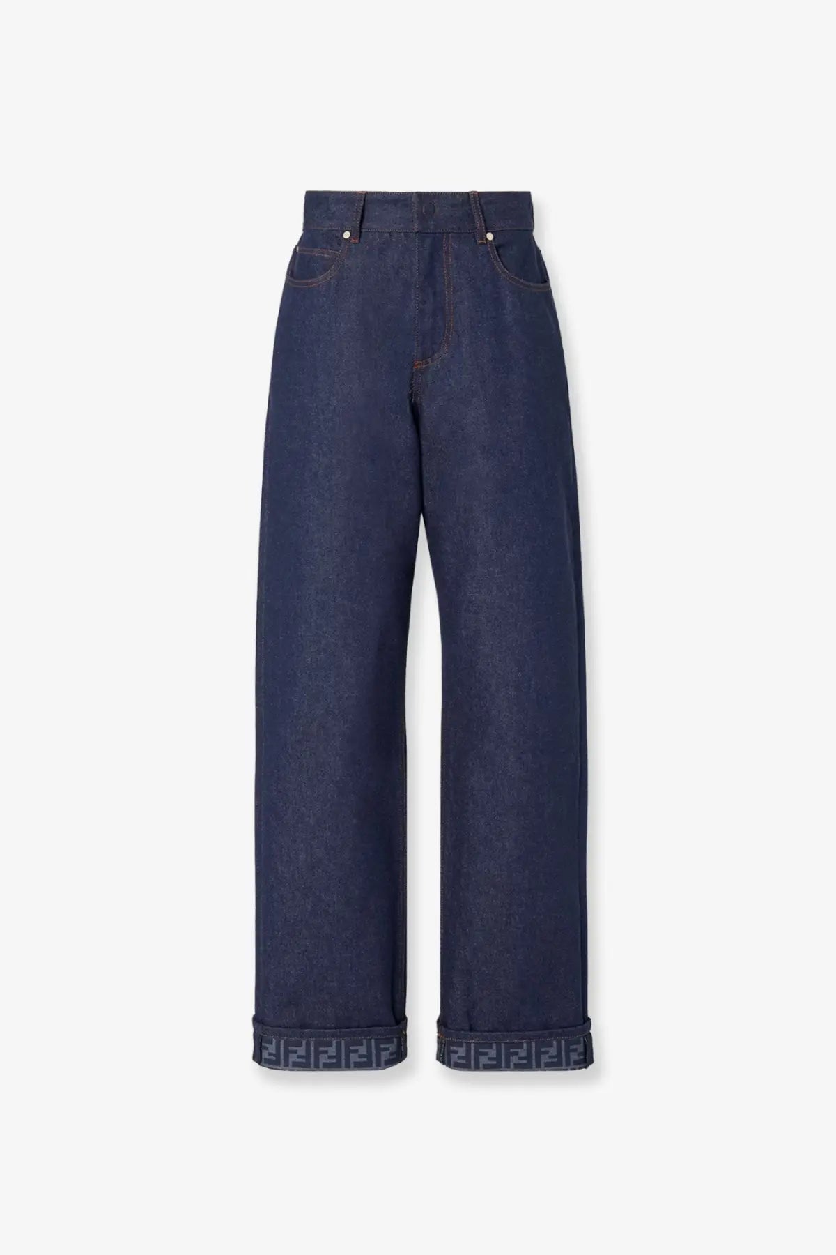 Fendi women’s blue denim jeans with wide-leg cut and rolled cuffs featuring a repeating ff logo pattern