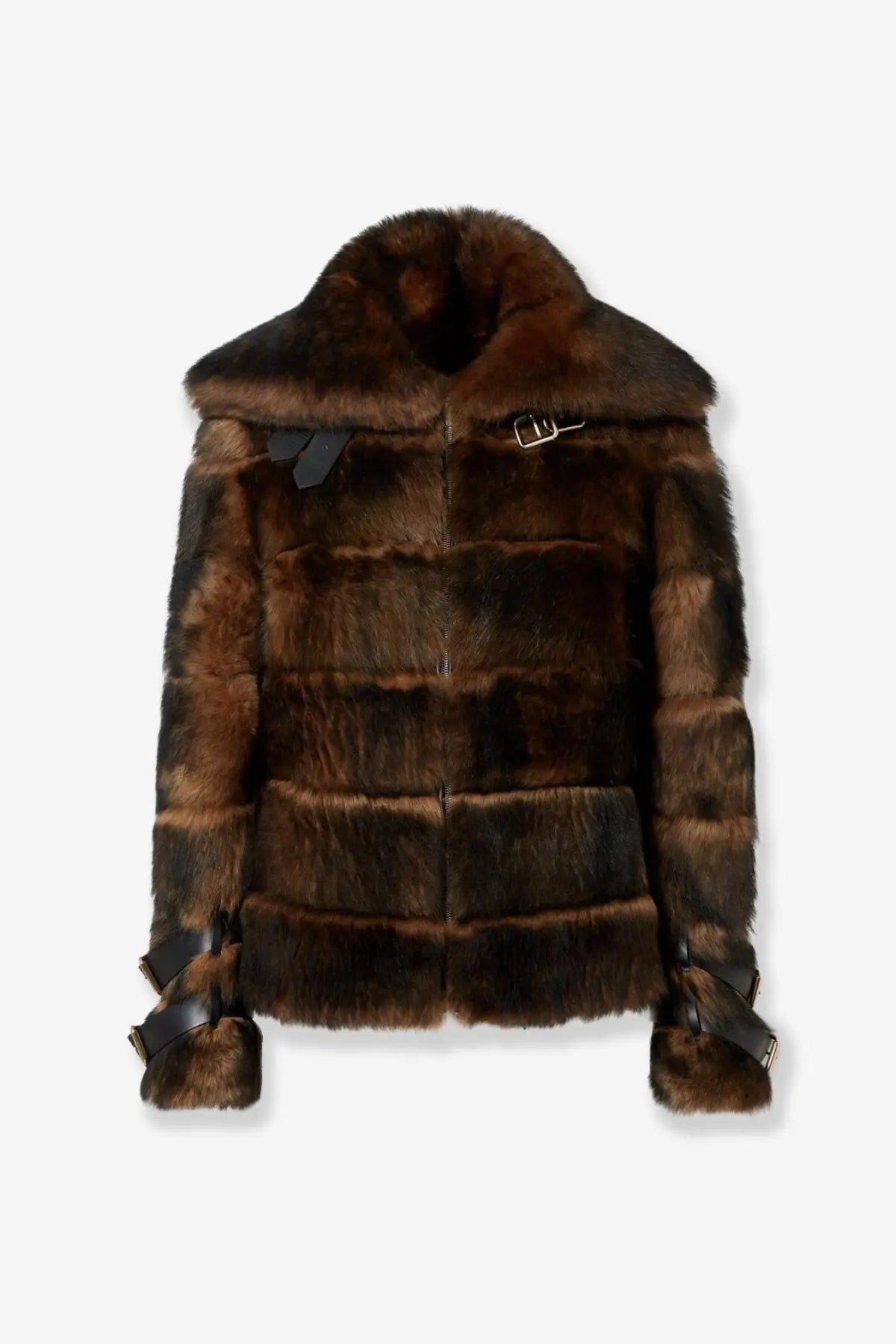 Fendi women’s brown backed sheepskin and nappa jacket with plush fur texture and black leather cuffs and collar