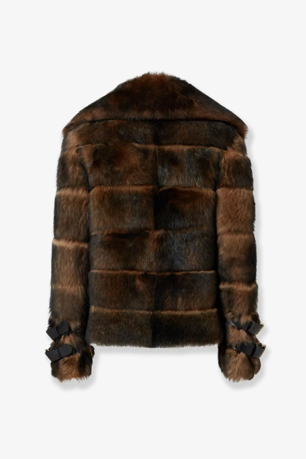 Fendi women’s brown backed sheepskin and nappa jacket with rich dark brown fur and black buckle accents on cuffs