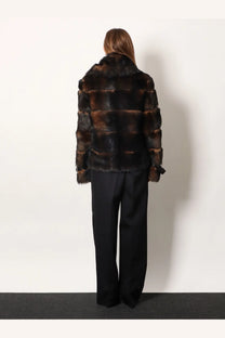 Fendi women’s brown backed sheepskin and nappa jacket with rich dark brown fur and plush horizontal banding