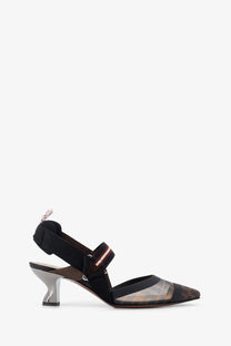 Fendi women’s Colibri slingback pump in black and transparent mesh with metallic heel and FF logo pattern
