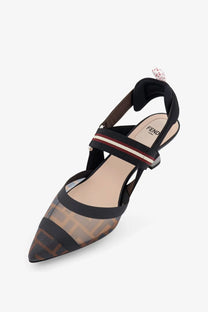 Black Fendi Colibri slingback pump with brown beige monogram toe cap and striped elastic straps in mesh material