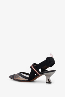 Fendi women’s colibri black sandal with transparent mesh upper and metallic heel for stylish wear