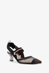 Fendi women’s colibri ff mesh écolleté pump in black and beige checkered mesh with metallic slingback heel