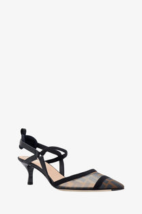 Fendi women’s colibrì lite slingback heel in black and beige with ff mesh transparent overlay