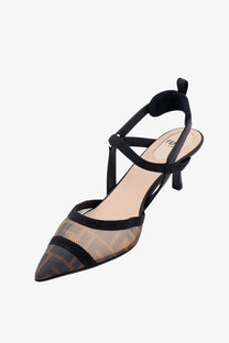 Fendi women’s colibrì lite pumps black with brown and black logo mesh slingback heel and pointed toe