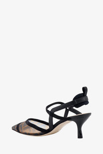 Fendi women’s colibrì lite black heeled sandal with transparent toe panel featuring ff mesh logo pattern