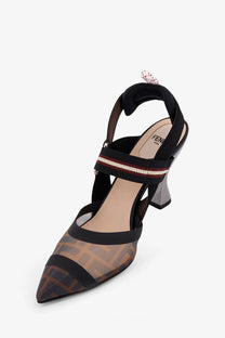 Fendi women’s colibrì technical mesh slingback pump in black and brown logo pattern with striped strap detail