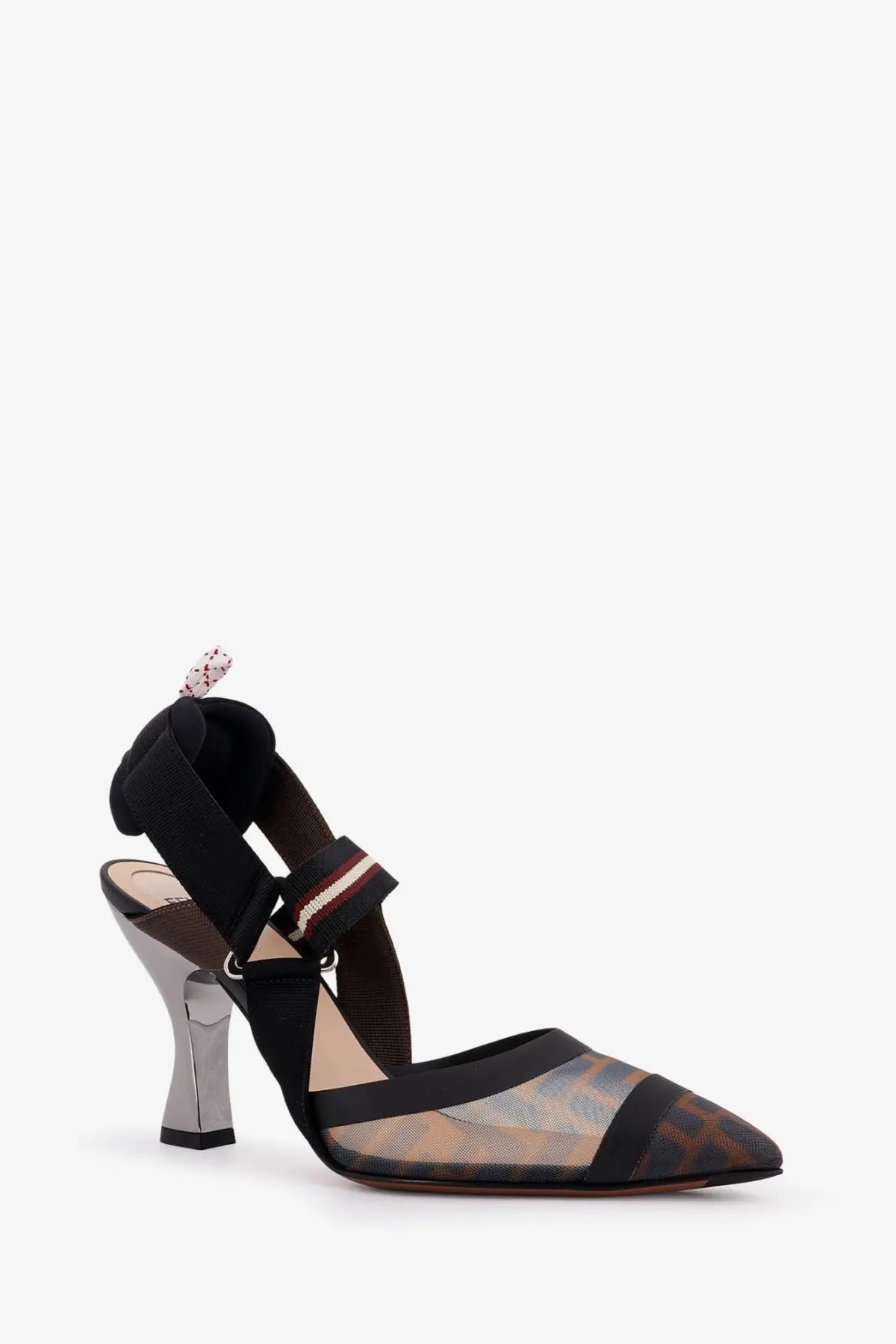 Fendi women’s colibrì brown and beige check mesh pump with black elastic straps and metallic heel
