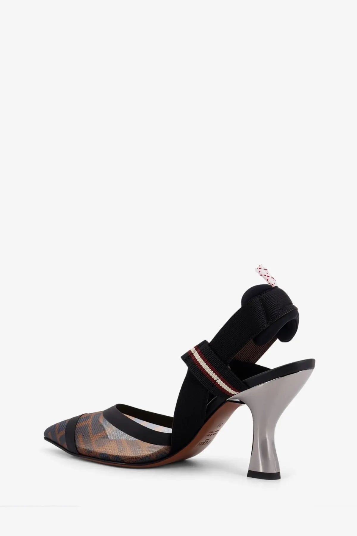 Fendi women’s Colibrì slingback pump in black and brown mesh with a metallic silver heel