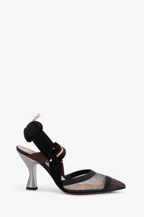 Fendi women’s colibrì technical mesh slingback pump in black and brown checkered with a silver metallic heel
