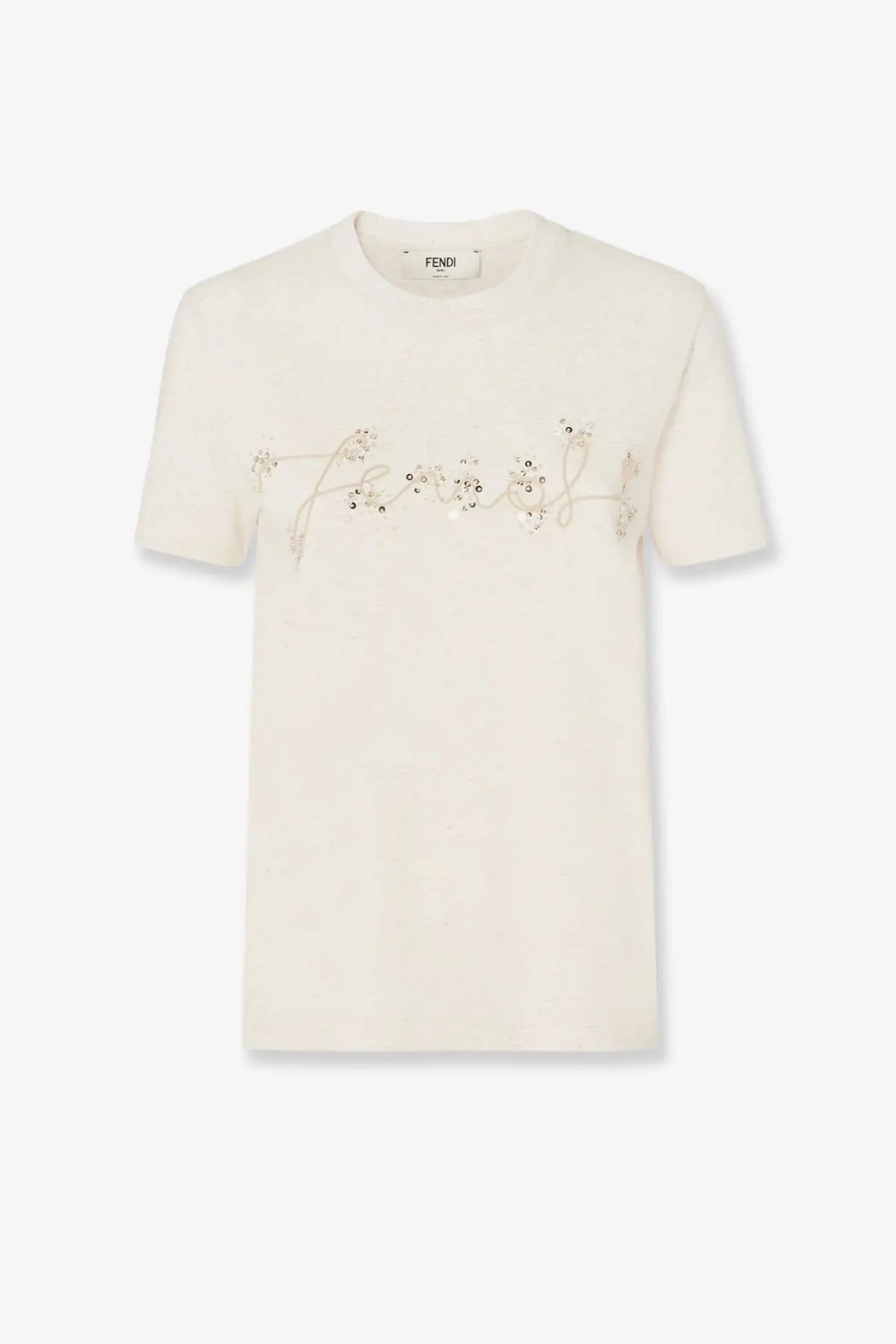 Cream-colored fendi women’s cotton blend t-shirt with delicate beaded fendi logo across the chest in beige