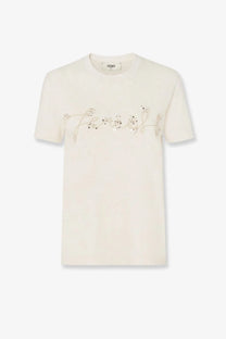 Cream-colored fendi women’s cotton blend t-shirt with delicate beaded fendi logo across the chest in beige