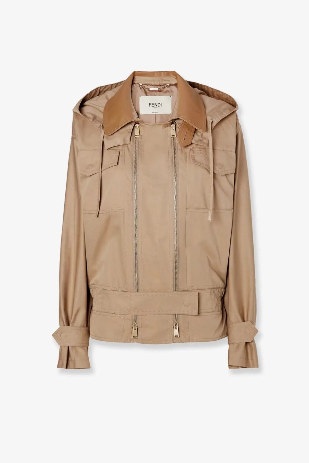Fendi women’s beige cotton hooded jacket with gold-tone zippers and matching collar for stylish wear