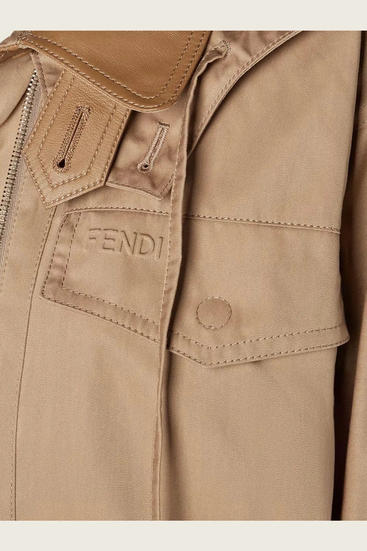 Beige Fendi women’s cotton jacket with leather collar and patch pocket front view