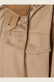 Beige Fendi women’s cotton jacket with leather collar and patch pocket front view