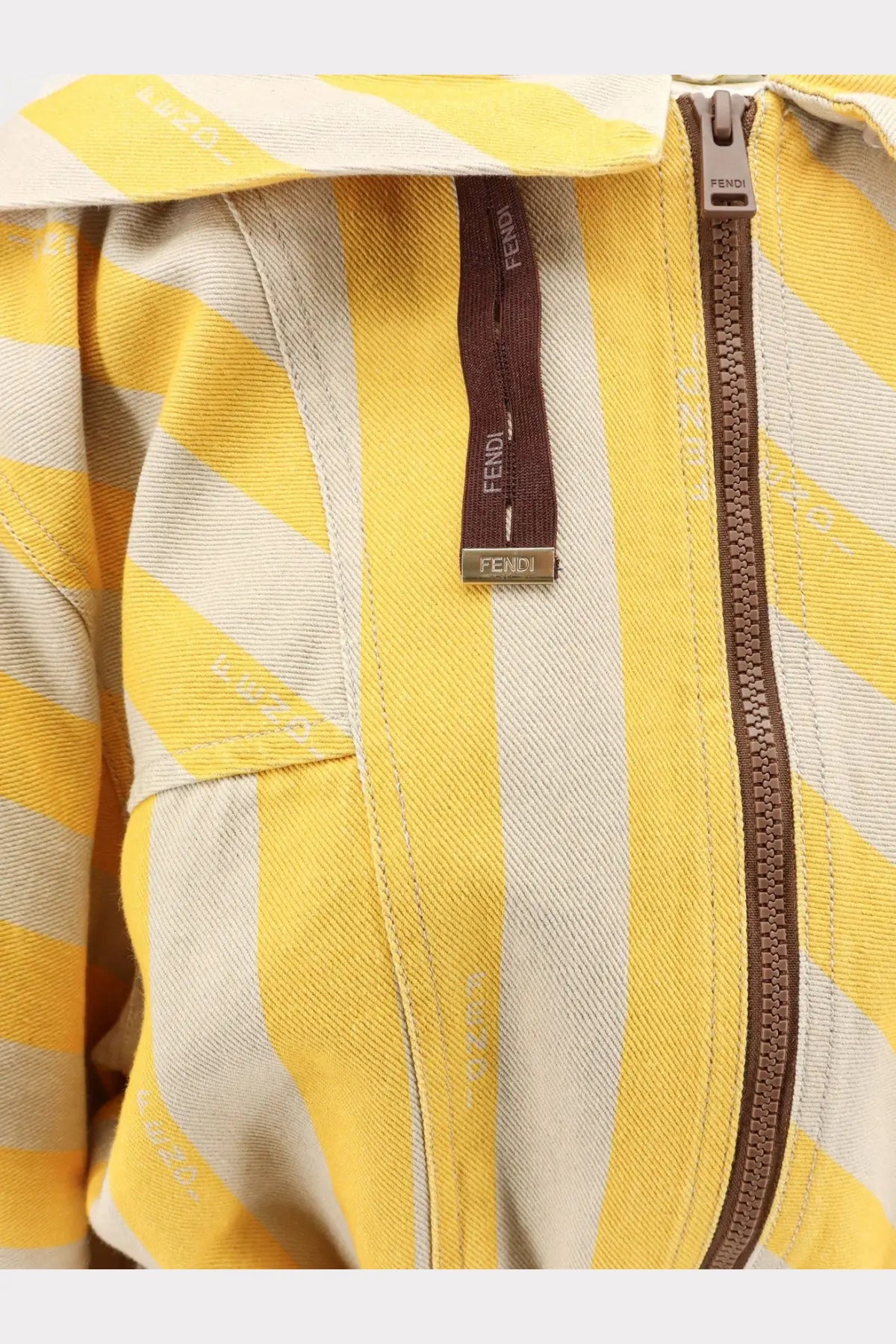 Fendi women’s cotton and linen jacket in yellow and beige diagonal stripes with brown zipper pull and logo tags