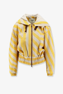 Fendi women’s cotton and linen hooded jacket ginestra 26 with yellow and cream diagonal stripes and brown zipper pulls
