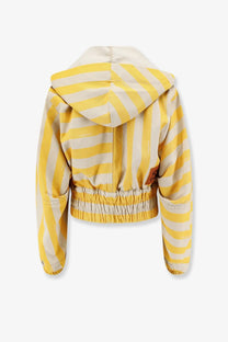 Fendi women’s yellow and cream striped cropped cotton and linen hoodie jacket with elastic waistband