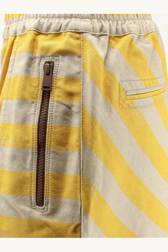 Fendi women’s cotton and linen yellow and beige diagonal-striped shorts with brown side zipper Ginestra 26