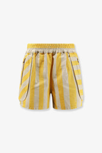 Fendi women’s yellow and beige cotton and linen shorts with vertical stripes and side pockets featuring diagonal zippers
