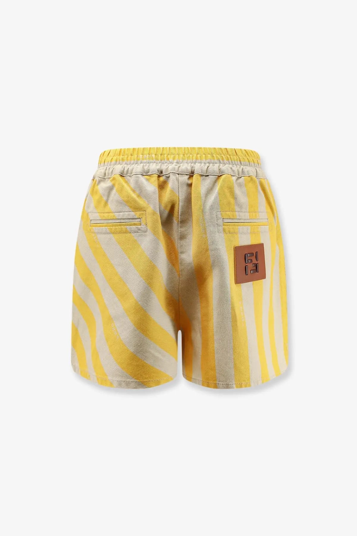 Fendi women’s cotton and linen yellow and cream striped shorts with brown leather patch on right hip