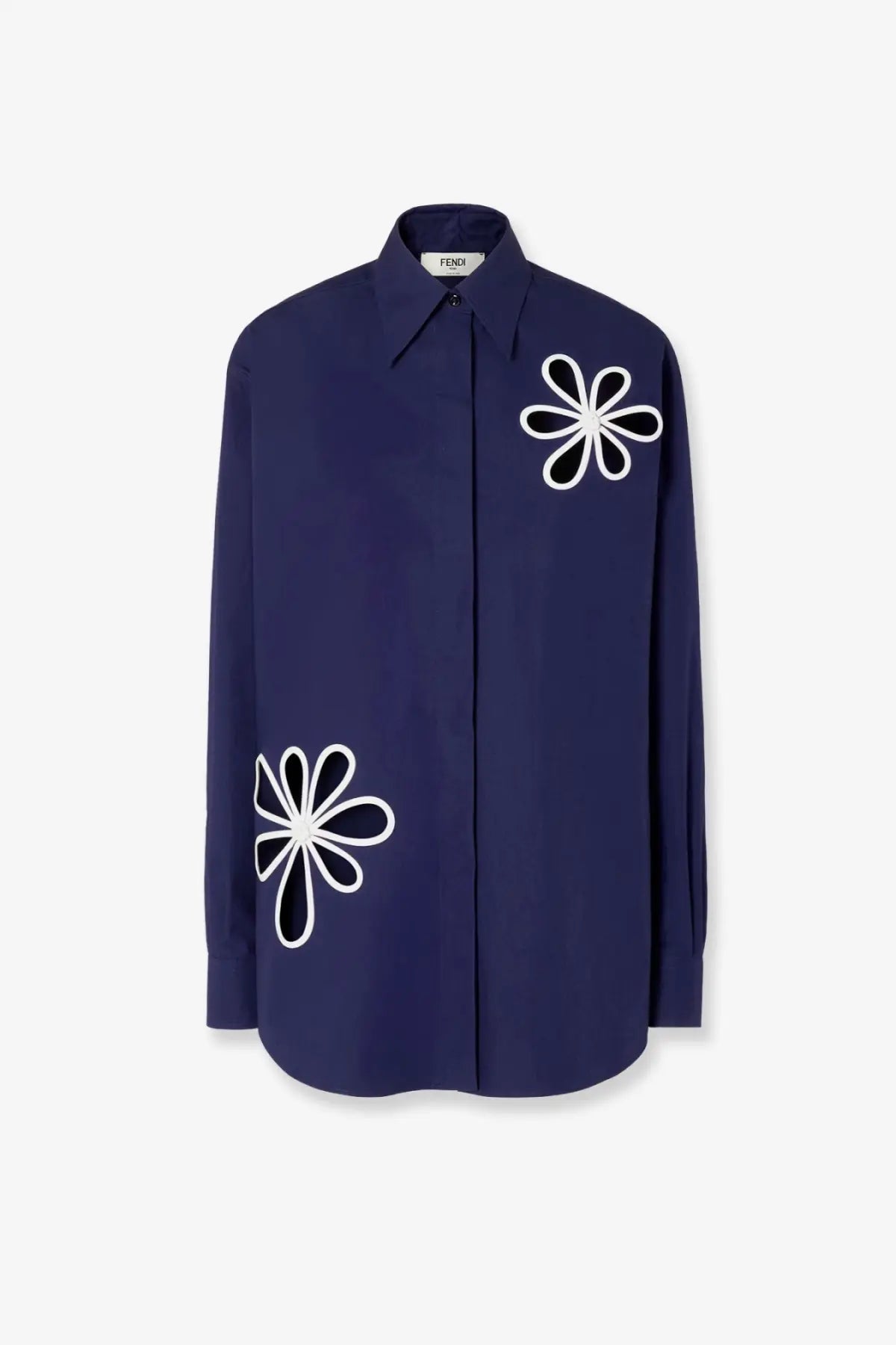 Navy blue fendi women’s cotton popelin shirt with bold white embroidered flower motifs on chest and sleeve