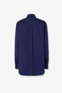 Fendi women’s navy blue cotton popelin shirt with classic collar and subtle pleats down the back shown from the back side