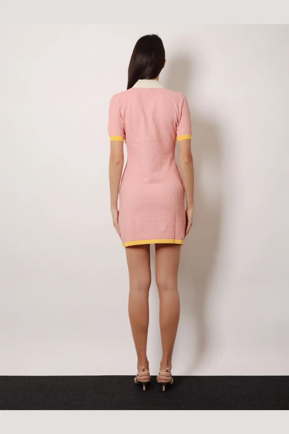 Fendi women’s cotton and silk blend short pink dress with yellow trim on cuffs hemline and collar magnolia 26