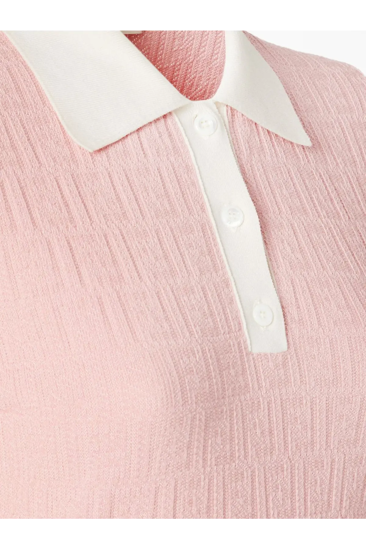 Fendi women’s soft pink ribbed knit polo shirt with white collar and button placket in cotton and silk blend