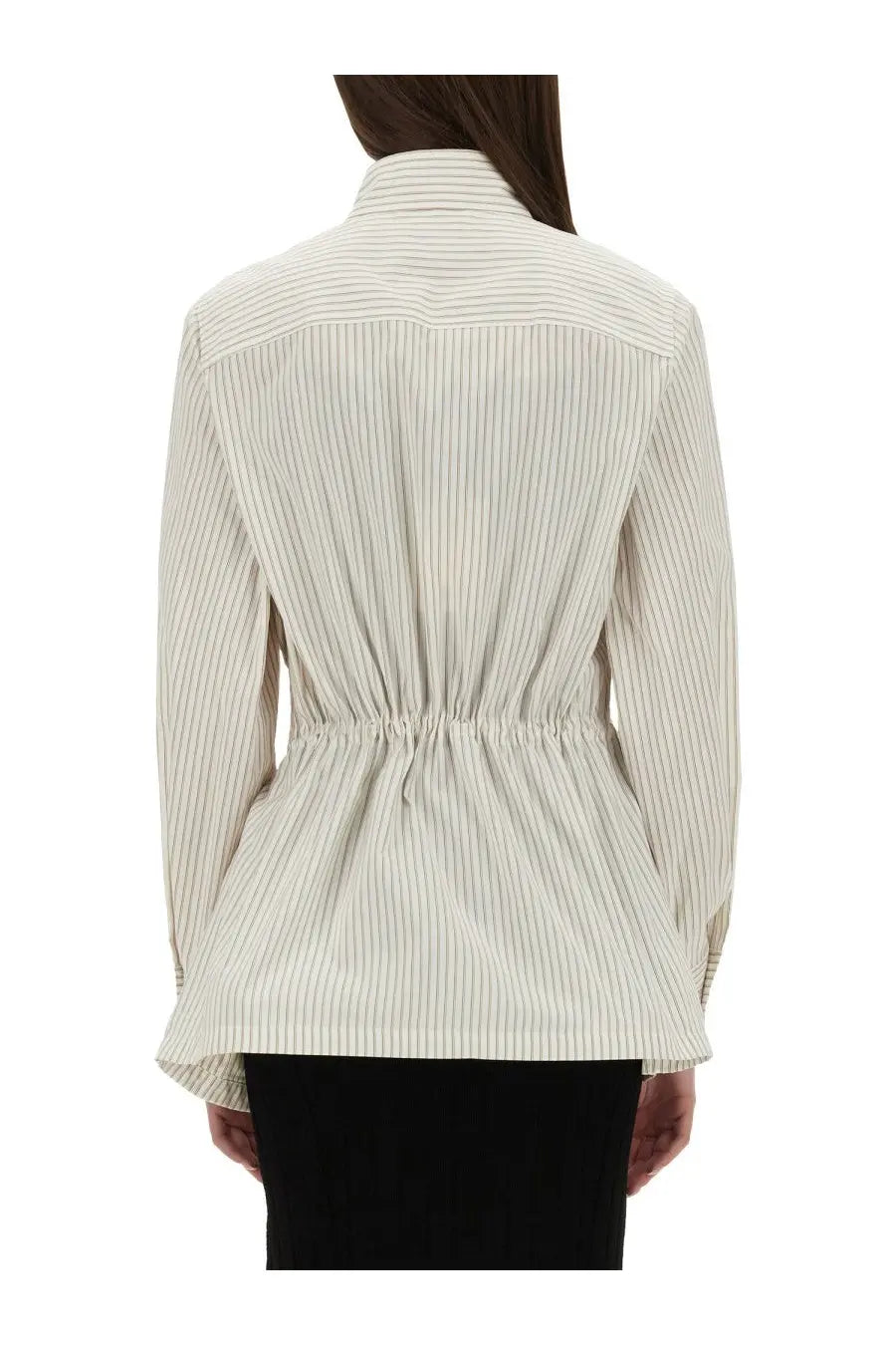Fendi women’s beige cotton and silk blouse with thin vertical stripes and a gathered waist detail