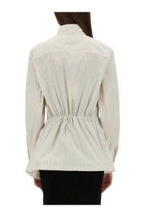 Fendi women’s beige cotton and silk blouse with thin vertical stripes and a gathered waist detail