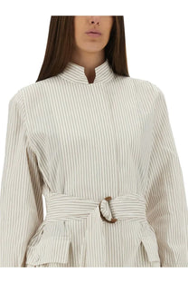 Fendi women’s beige cotton and silk blouson dress with thin vertical stripes high collar and woven belt buckle