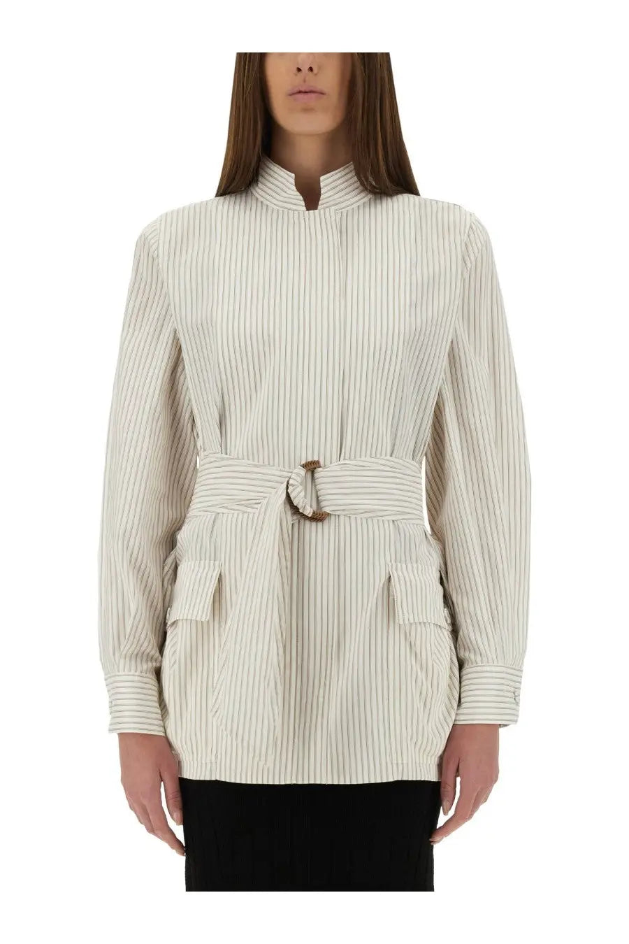 Fendi women’s cream-colored vertically striped cotton and silk blouse with long sleeves high collar and matching belt