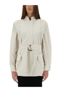Fendi women’s cream-colored vertically striped cotton and silk blouse with long sleeves high collar and matching belt