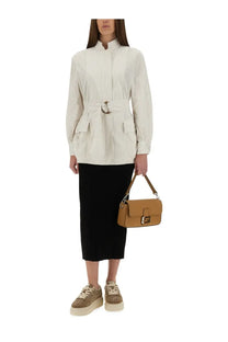Tan leather fendi handbag with gold-tone logo clasp and top handle paired with fendi women’s cotton and silk beige blouson