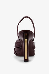 Fendi women’s decolleté arco purple burgundy leather slingback pump with gold-tone heel and black sole