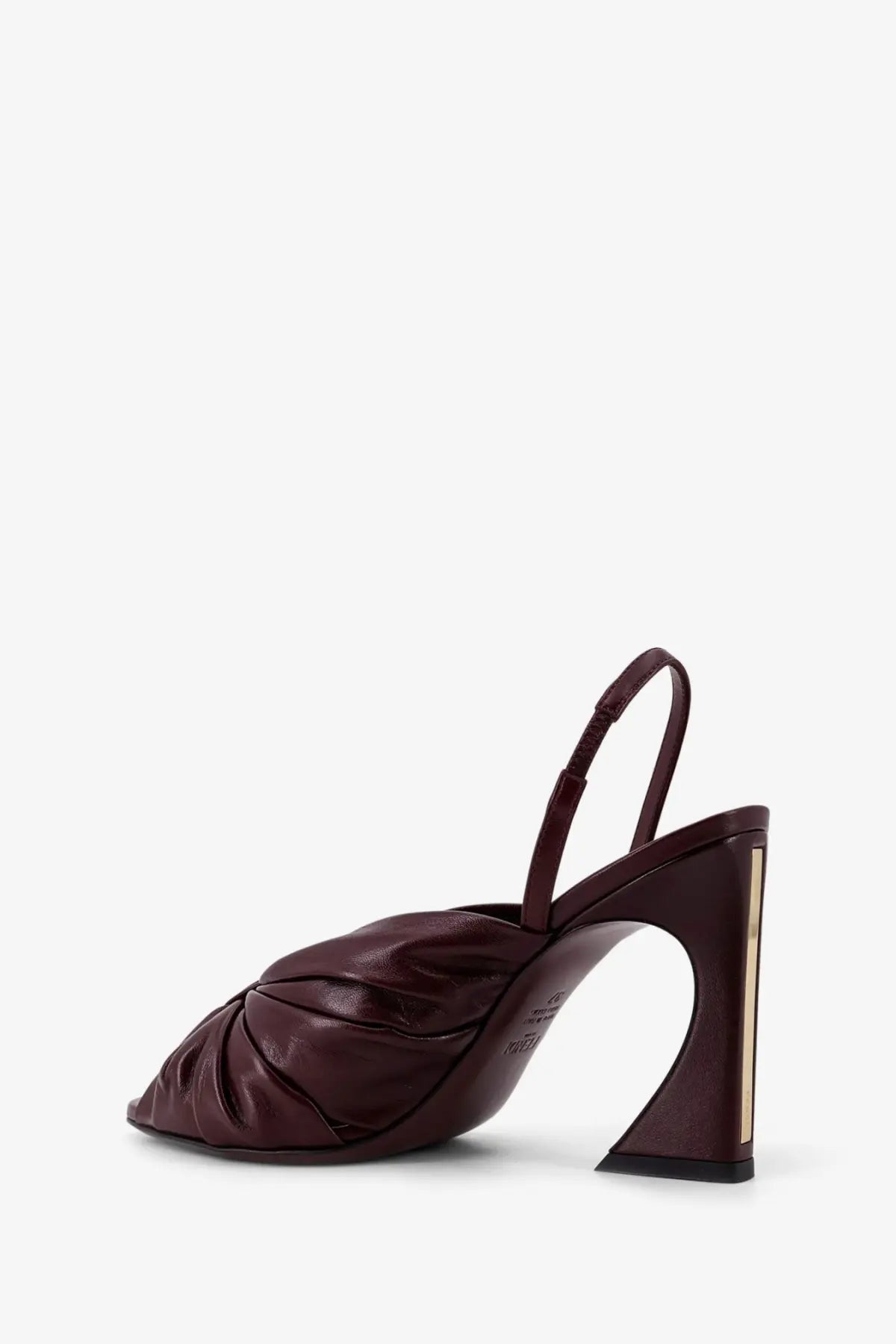 Fendi women’s decolleté arco leather slingback sandal in burgundy with sculpted heel and gold-tone accent