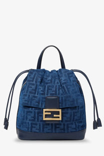 Fendi women’s denim backpack grey with blue suede ff logo pattern black leather trim and gold tone metal clasp