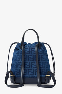 Navy blue suede fendi women’s denim backpack with black leather straps and gold-tone ff logo hardware pattern