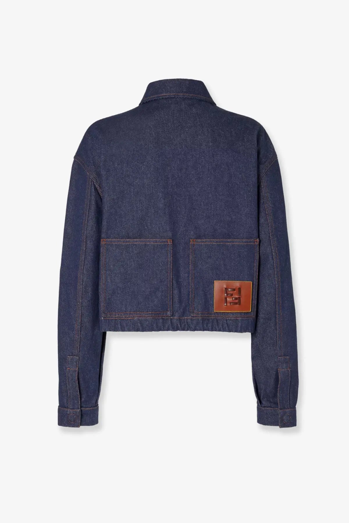 Dark blue fendi women’s denim jacket with brown leather patch logo on the back side of the jacket